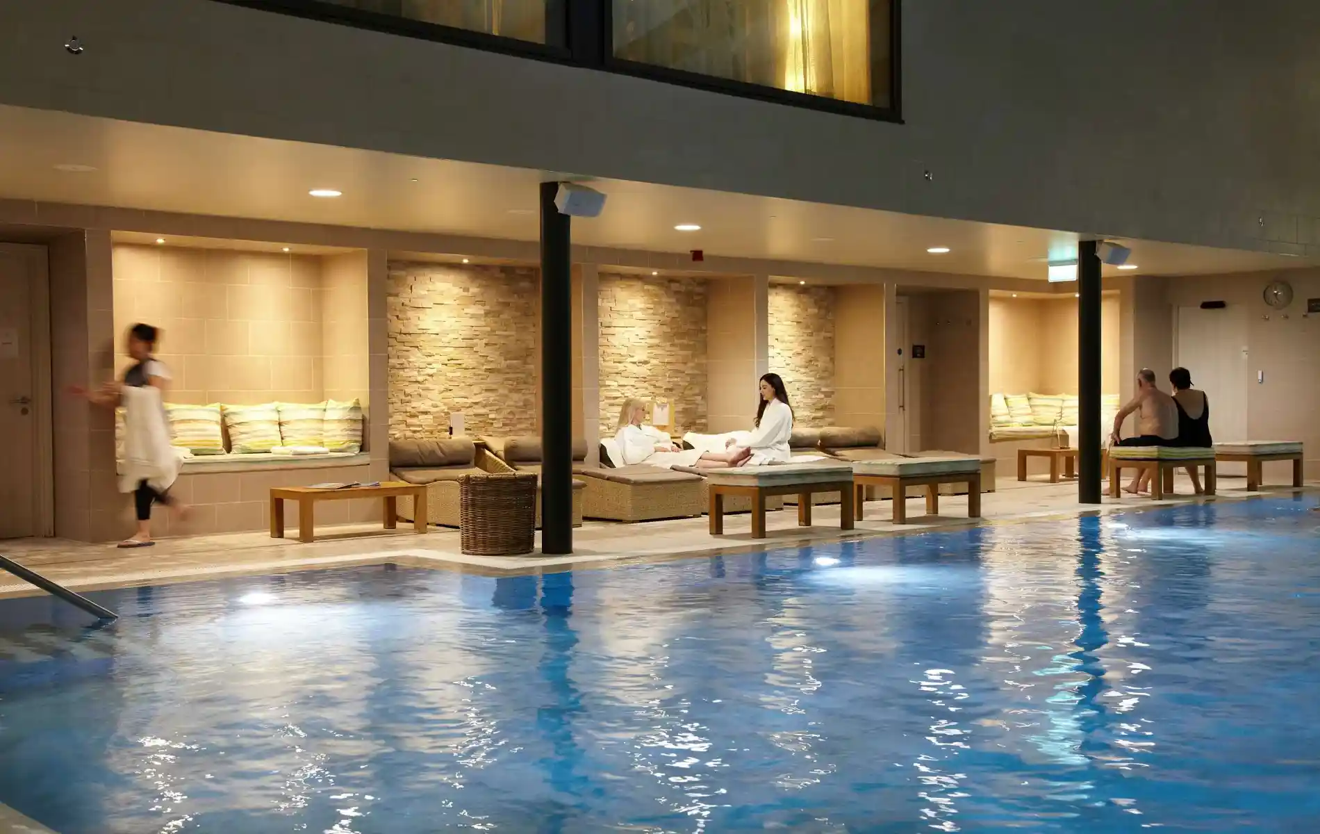 The pool and spa in the evening